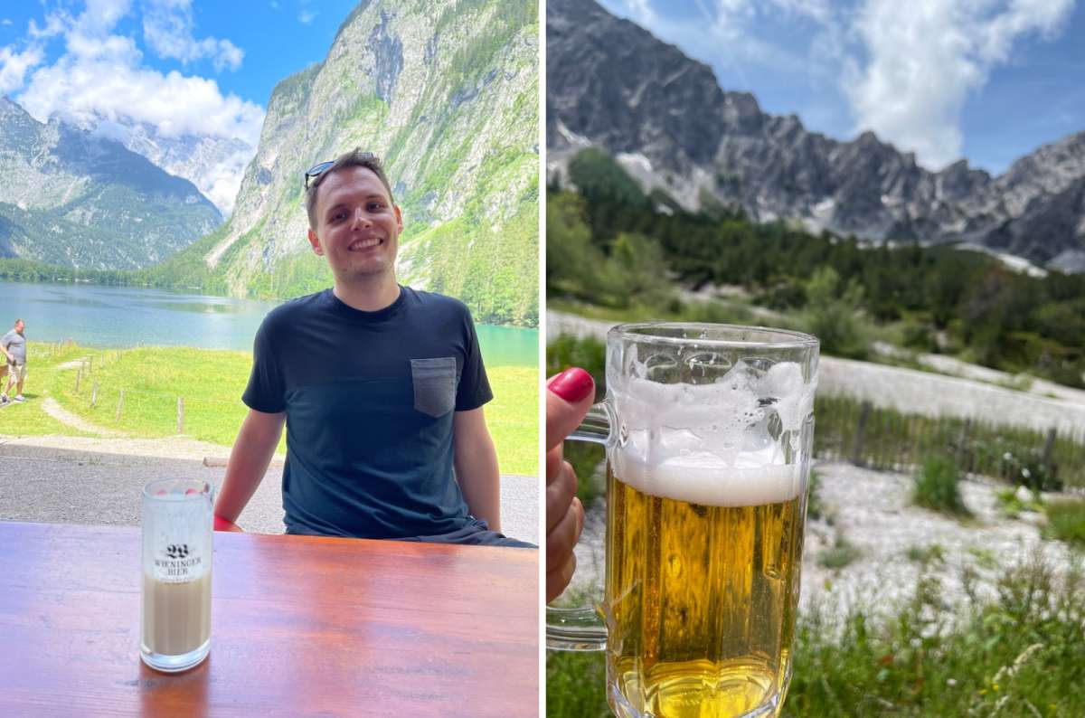 Tourist drinking beer with alpine views near Königssee and the Bavarian Alps in Germany, photo by Next Level of Travel