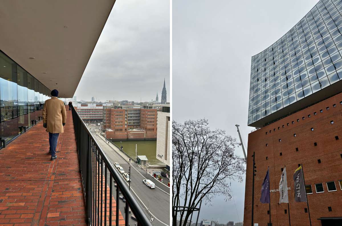 Tourist walking on the Elbphilharmonie Plaza terrace and exterior view of the Elbphilharmonie concert hall in Hamburg, Germany, photo by Next Level of Travel