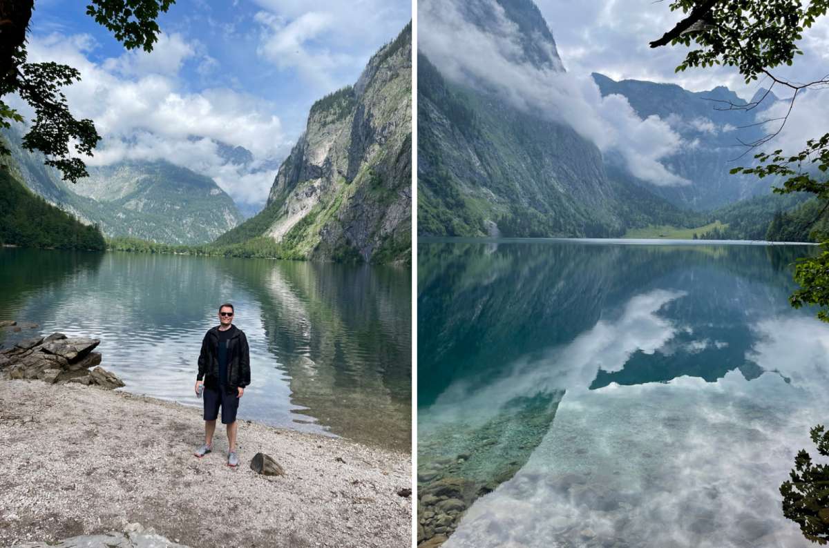 Traveler by Obersee lake near Königssee in Bavaria, Germany, with mountain reflections and alpine scenery, photo by Next Level of Travel