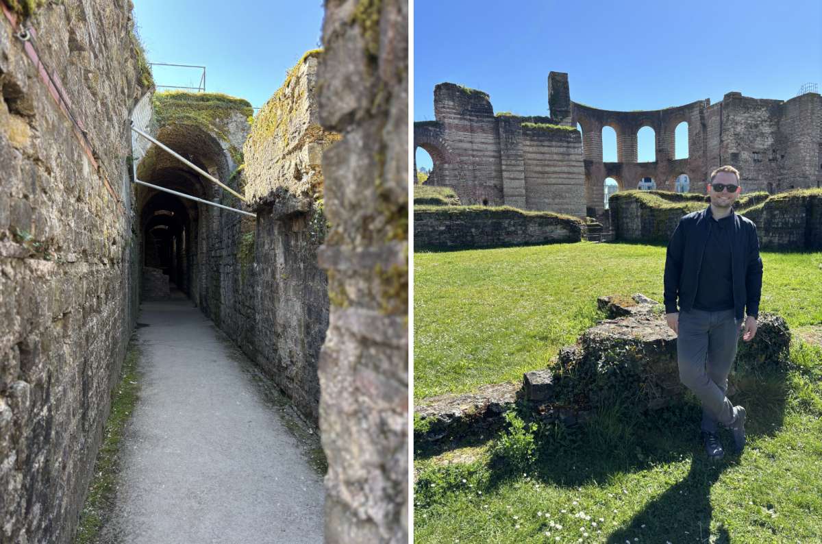Underground corridor and ruins of the Kaiserthermen Roman Baths in Trier, Germany, with visitor standing among the ancient remains, photo by Next Level of Travel