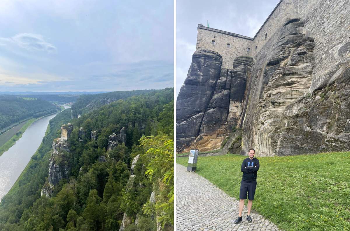 View of the Elbe River and Saxon Switzerland cliffs near Bastei Bridge, and Königstein Fortress in Saxon Switzerland National Park, Germany, photo by Next Level of Travel