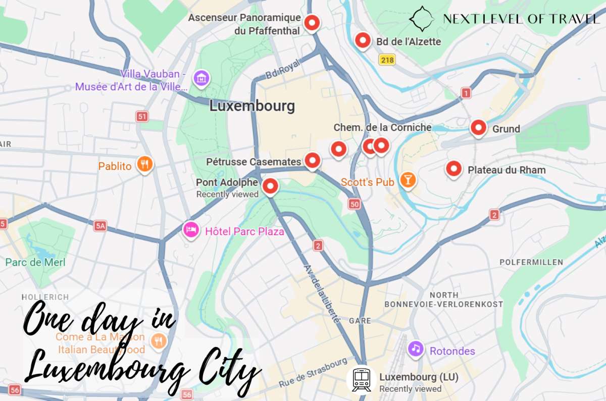 Map of a one day Luxembourg City itinerary with the top attractions marked, Luxembourg City, Luxembourg