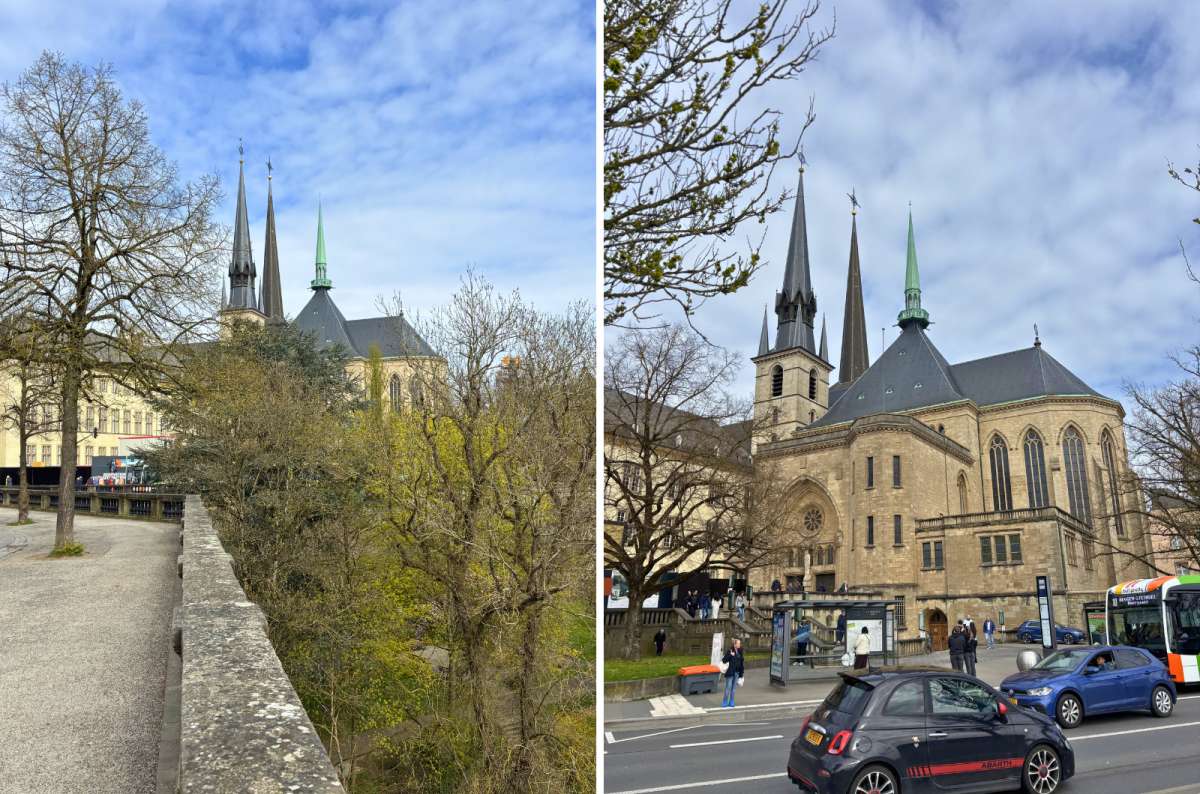 Notre-Dame Cathedral from Boulevard Roosevelt and front view of Notre-Dame Cathedral, Luxembourg City, Luxembourg, photo by Next Level of Travel
