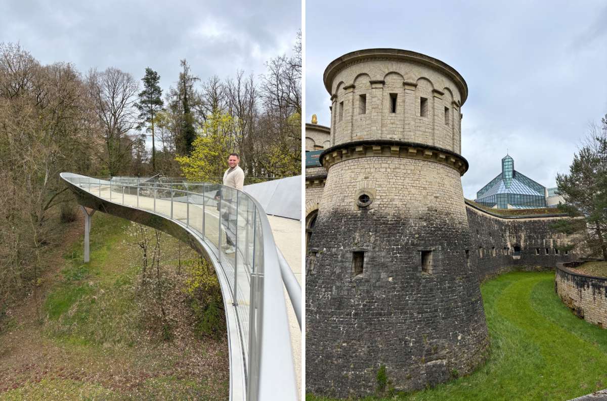 Tourist on the skywalk at Musée Dräi Eechelen and Fort Thüngen, Luxembourg City, Luxembourg, photo by Next Level of Travel
