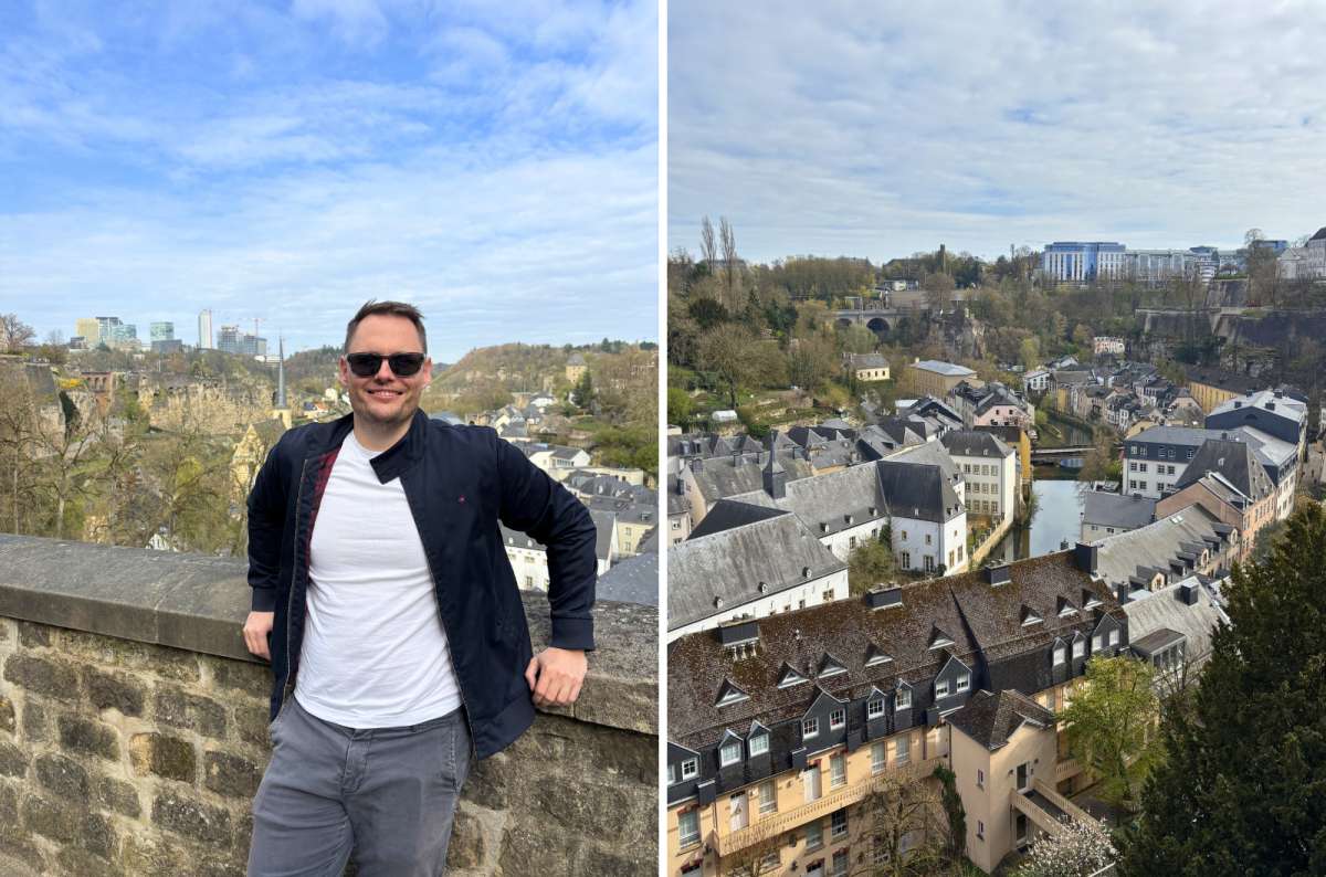 Tourist overlooking the Grund district from Chemin de la Corniche and view over Grund, Luxembourg City, Luxembourg, photo by Next Level of Travel