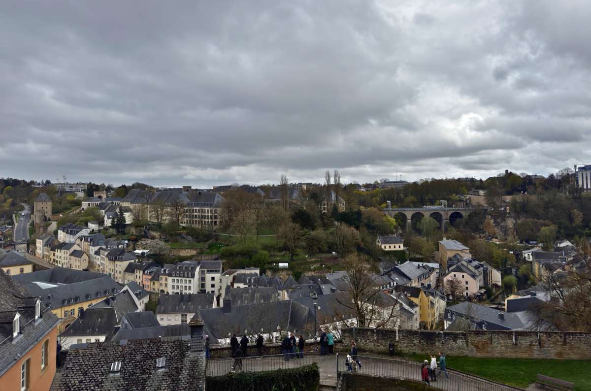 View of the Grund district and Alzette Valley from Chemin de la Corniche, Luxembourg City, Luxembourg, photo by Next Level of Travel