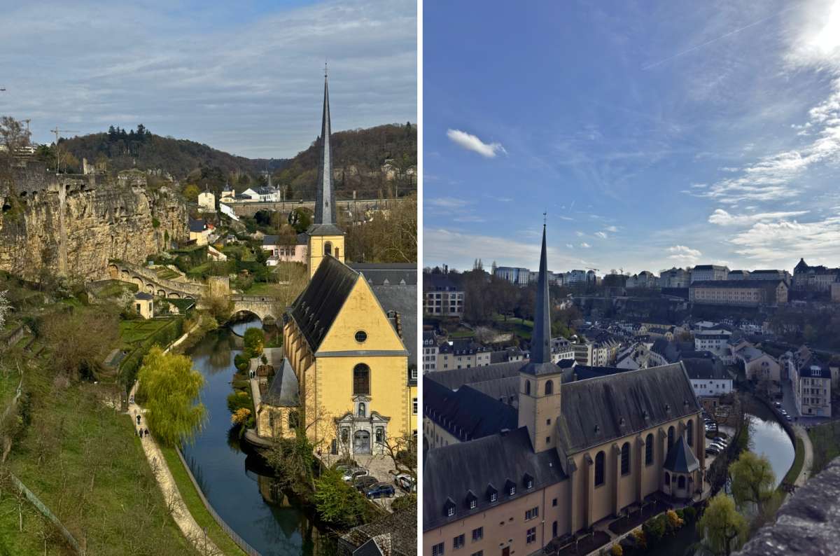 Views of St. John Church and the Grund district from Chemin de la Corniche, Luxembourg City, Luxembourg, photo by Next Level of Travel
