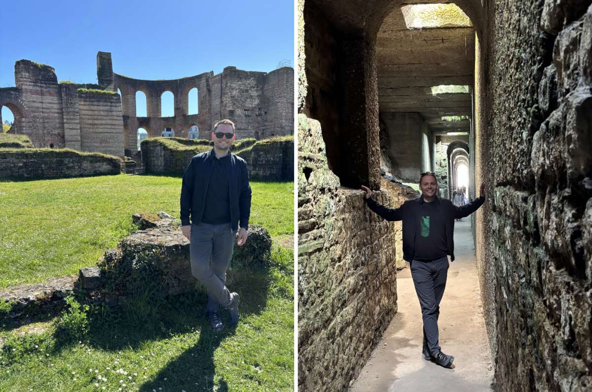 a collage of photos from Kaiserthermen in Trier, showing the ruins above ground and a tourist posing in the tunnels underneath, Germany, photo by Next Level of Travel