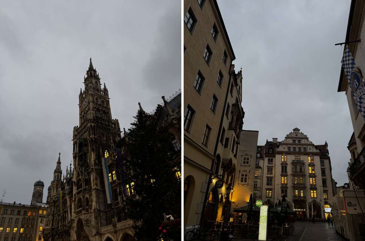 a collage of photos from Marienplatz during the early evening, showing the beautiful architecture, Munich, Germany, photo by Next Level of Travel