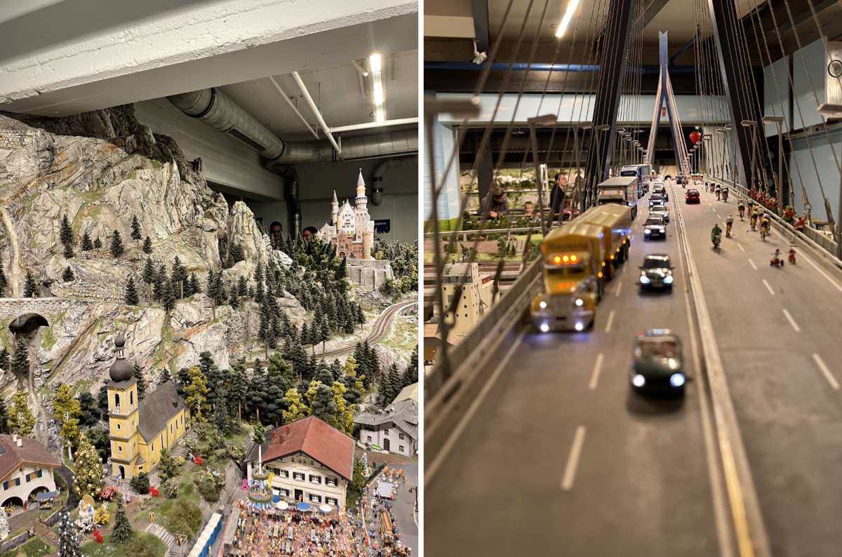 a collage of photos from Miniatur Wunderland, showing miniature models of a city near a large mountain and a model of the Autobahn, Hamburg, Germany, photo by Next Level by Travel