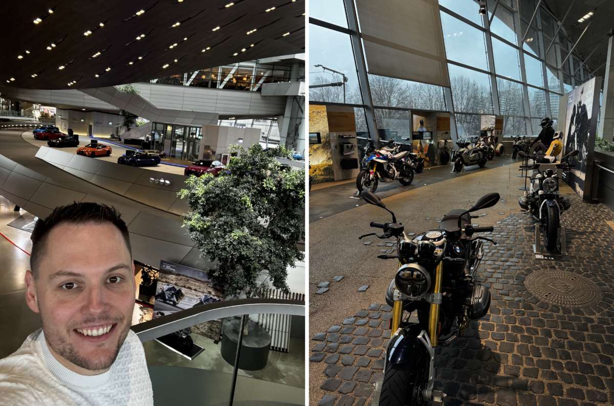 a collage of photos from the BMW museum with a tourist posing in front of the exhibited vehicles, Munich, Germany, photo by Next Level of Travel