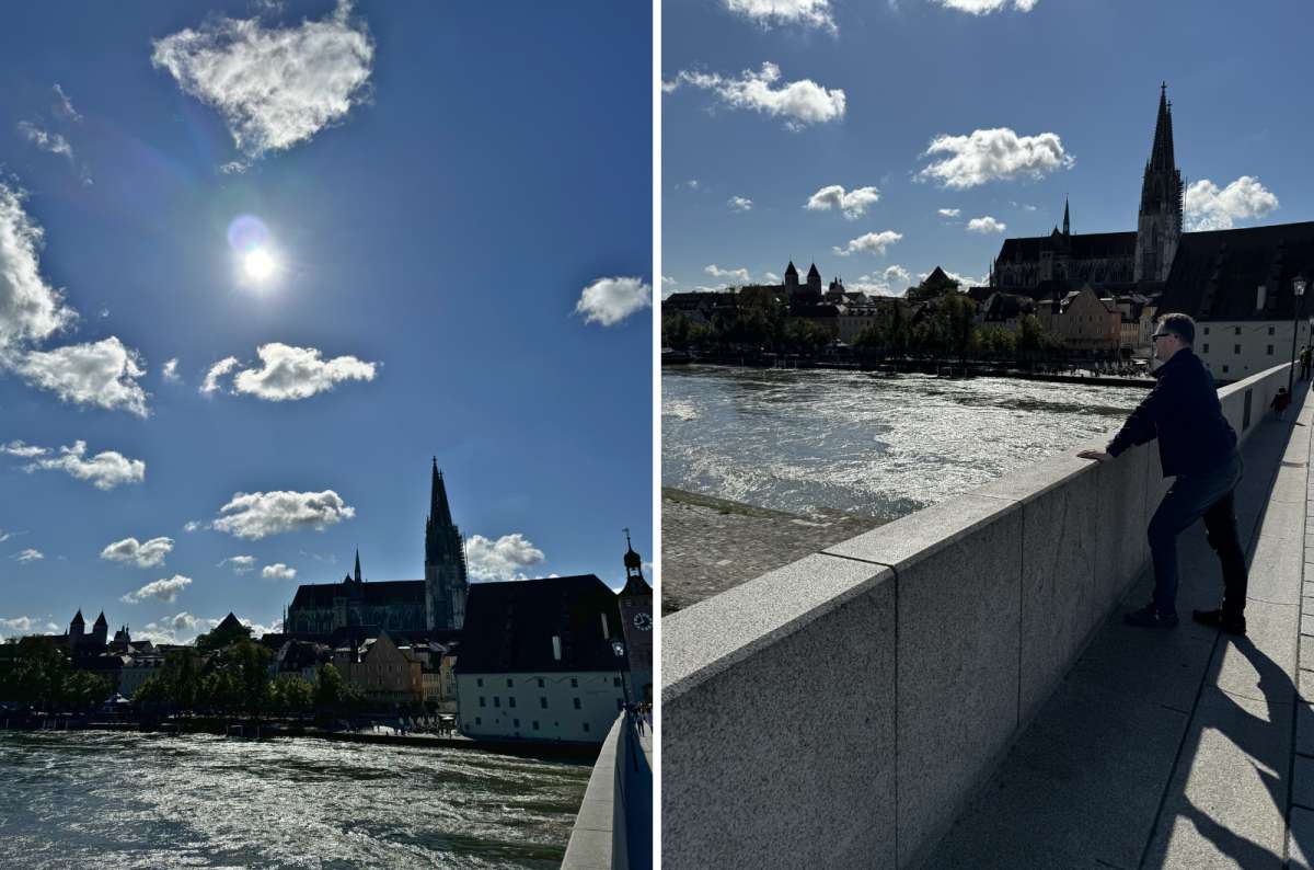 a collage of photos from the stone Roman bridge in Regensburg with a tourist posing in one of the photos, Germany, photo by Next Level of Travel