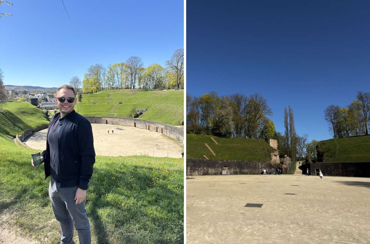 a collage of photos of a tourist posing in front of the Roman Amphitheatre in Trier, Germany, photo by Next Level of Travel