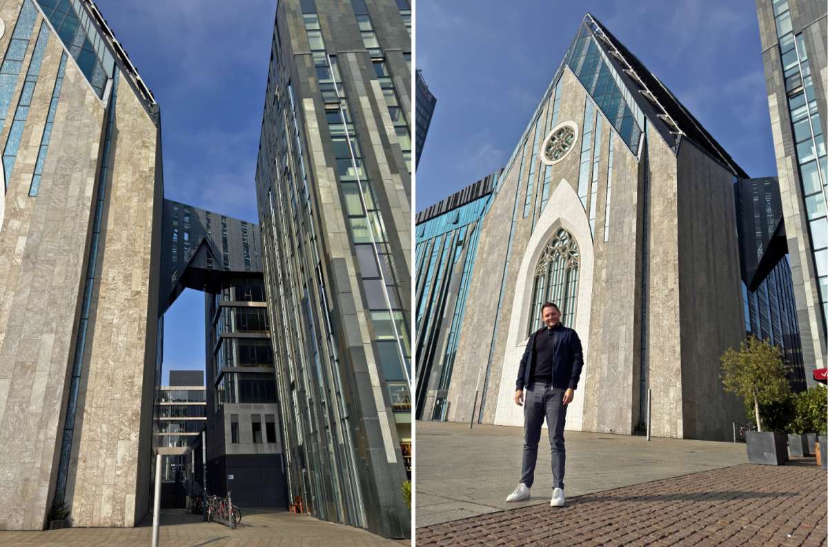 a collage of photos showing the exterior of Paulinum with a tourist posing in front of it, Leipzig, Germany, photo by Next Level of Travel