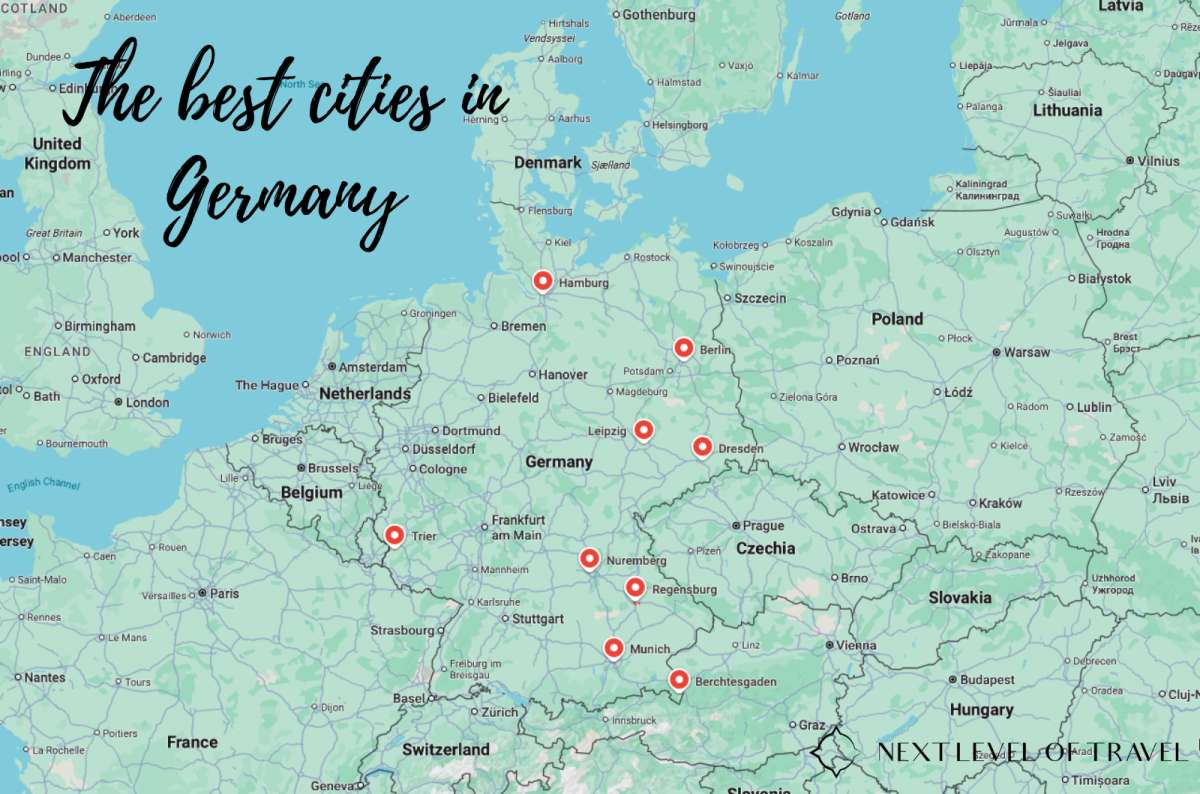 Map of the best cities to visit in Germany based on Next Level of Travel’s ranking, including Berlin, Hamburg, Dresden, Nuremberg, Leipzig, Trier, Berchtesgaden, Munich, and Regensburg, Germany