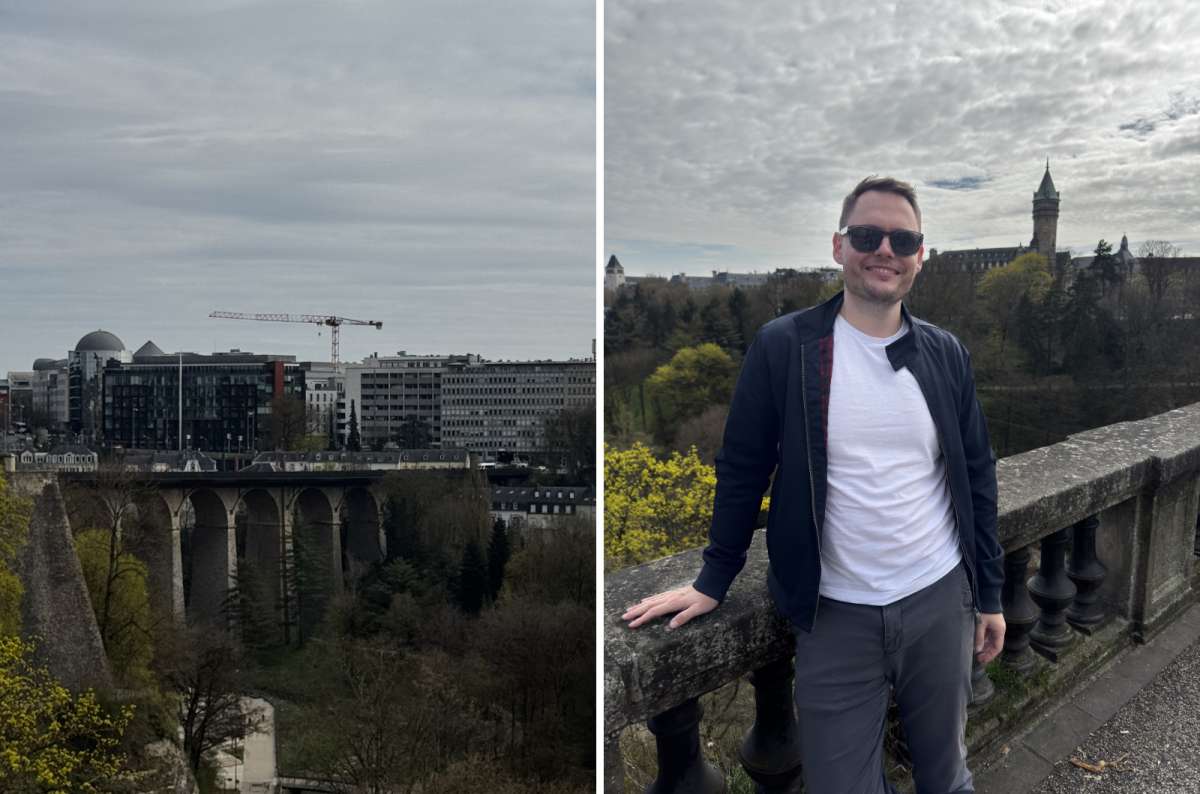  a collage of the Passerelle viaduct and a tourist at the Chemin de la Corniche, Luxembourg, photo by Next Level of Travel