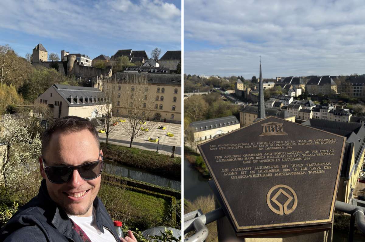 a collage of a tourist taking a selfie at the Chemin de la Corniche and the UNESCO World Heritage plaque with the Neumünster Abbey visible in the background, Luxembourg, photo by Next Level of Travel