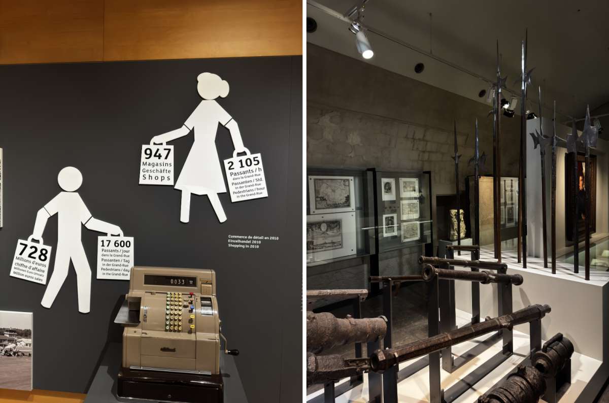 a collage of exhibits inside the Luxembourg City History Museum, showing the shopping statistics and medieval weaponry, Luxembourg, photo by Next Level of Travel