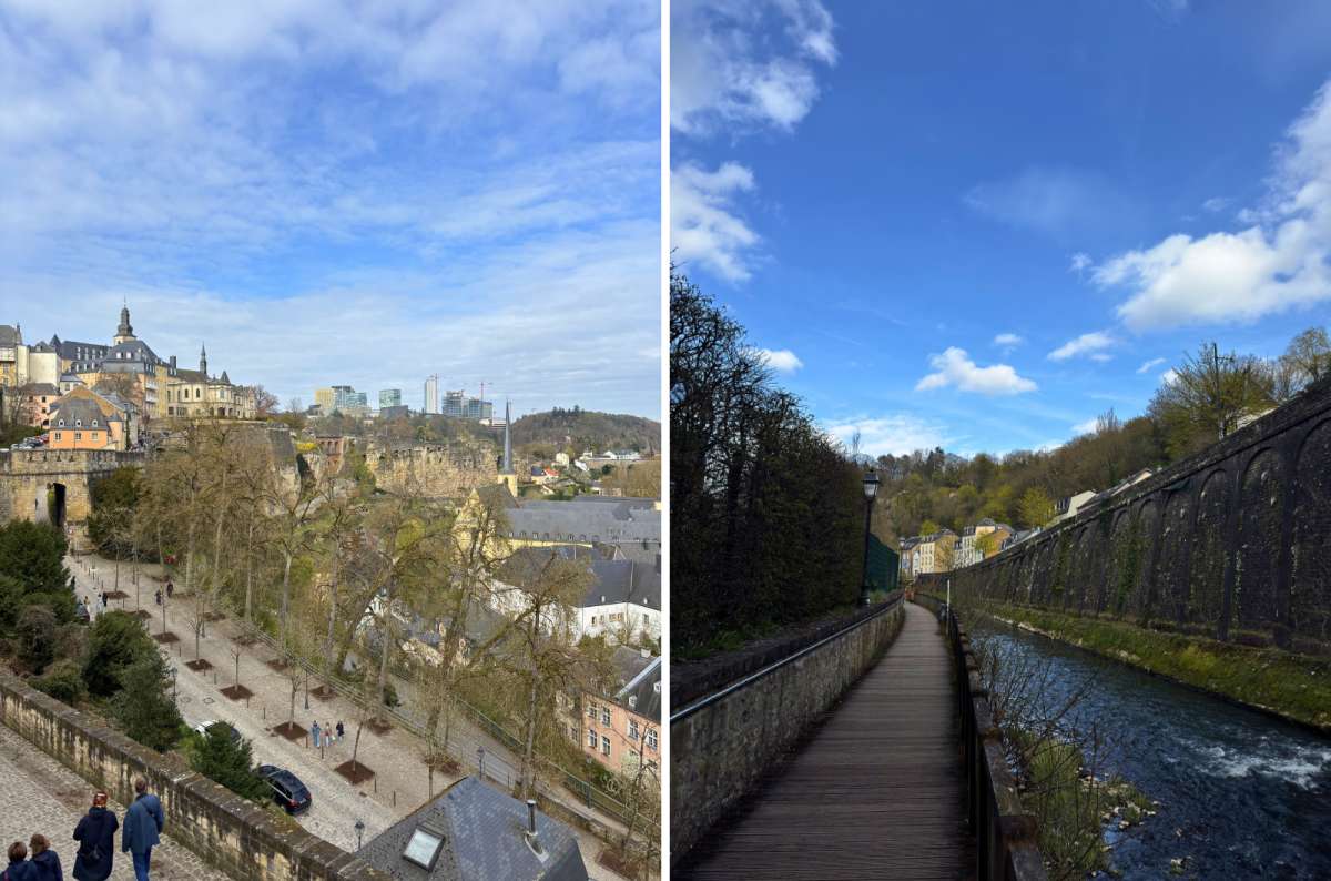 a collage of photos of the Chemin de la Corniche, showing the view of the city from up above and the walk along the Alzette, showing the city walls, Luxembourg, photo by Next Level of Travel