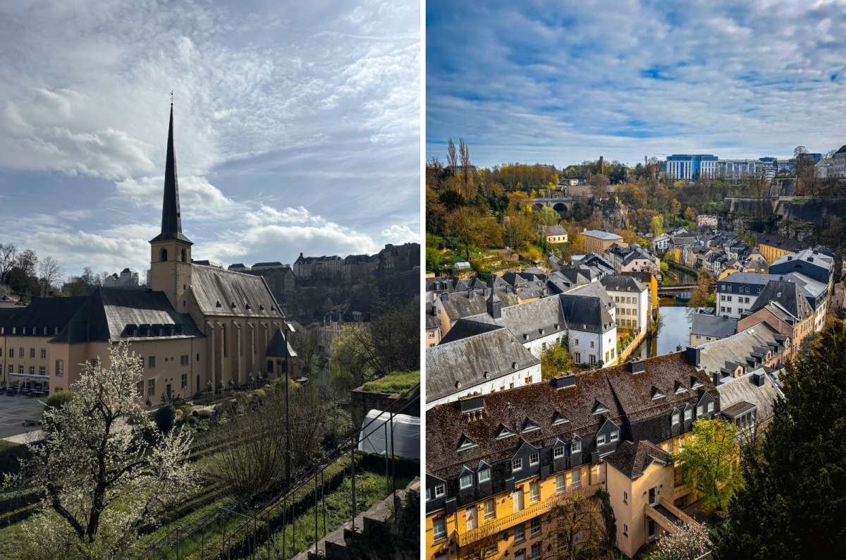 a collage of photos showing the tower of Neumünster Abbey and the houses along the Alzette river, Luxembourg, photo by Next Level of Travel