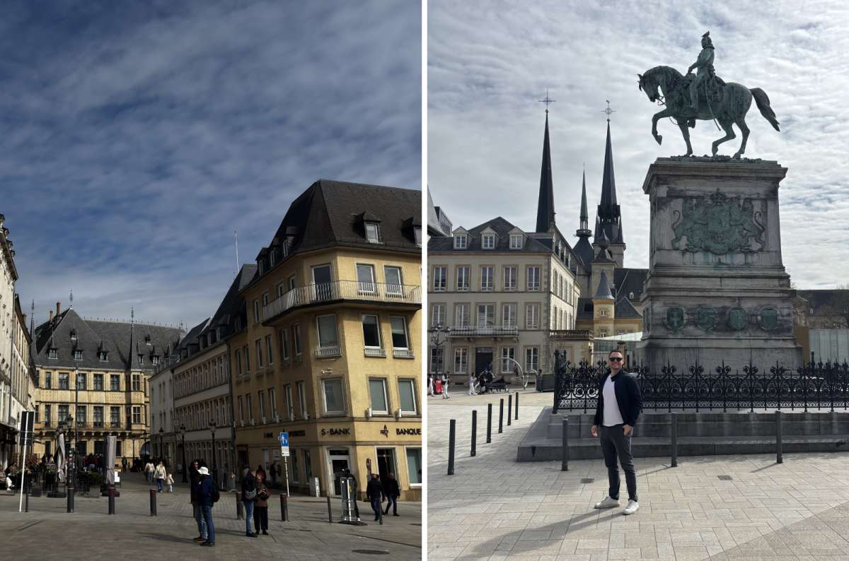 a collage of Place Guillaume II with a tourist posing in front of the equestrian statue of Grand Duke William II, Luxembourg, photo by Next Level of Travel