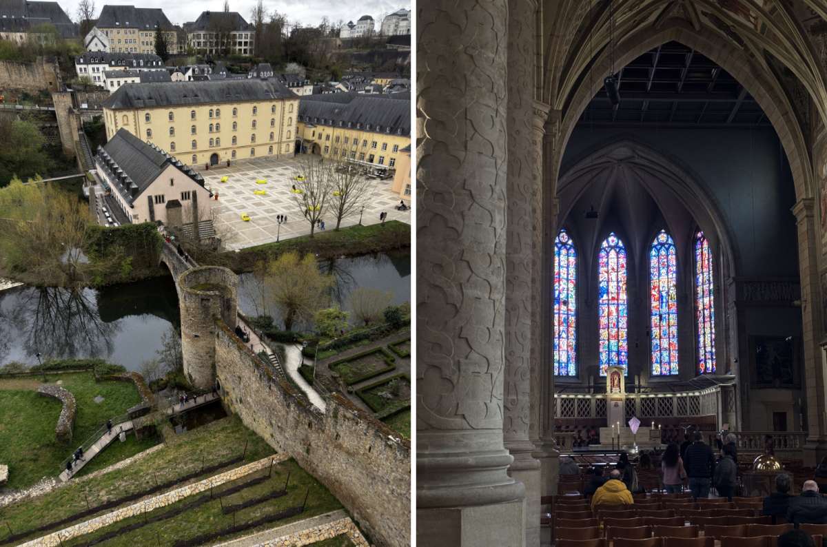 a collage of the Grund district from above and the Notre-Dame Cathedral interior with stained glass windows, Luxembourg, photo by Next Level of Travel