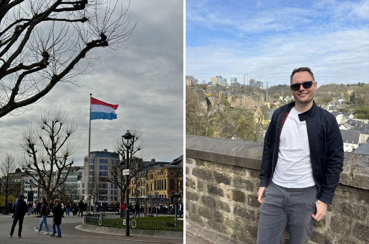 a collage of the Luxembourg flag at Constitution Square and a tourist at the Corniche viewpoint, Luxembourg, photo by Next Level of Travel