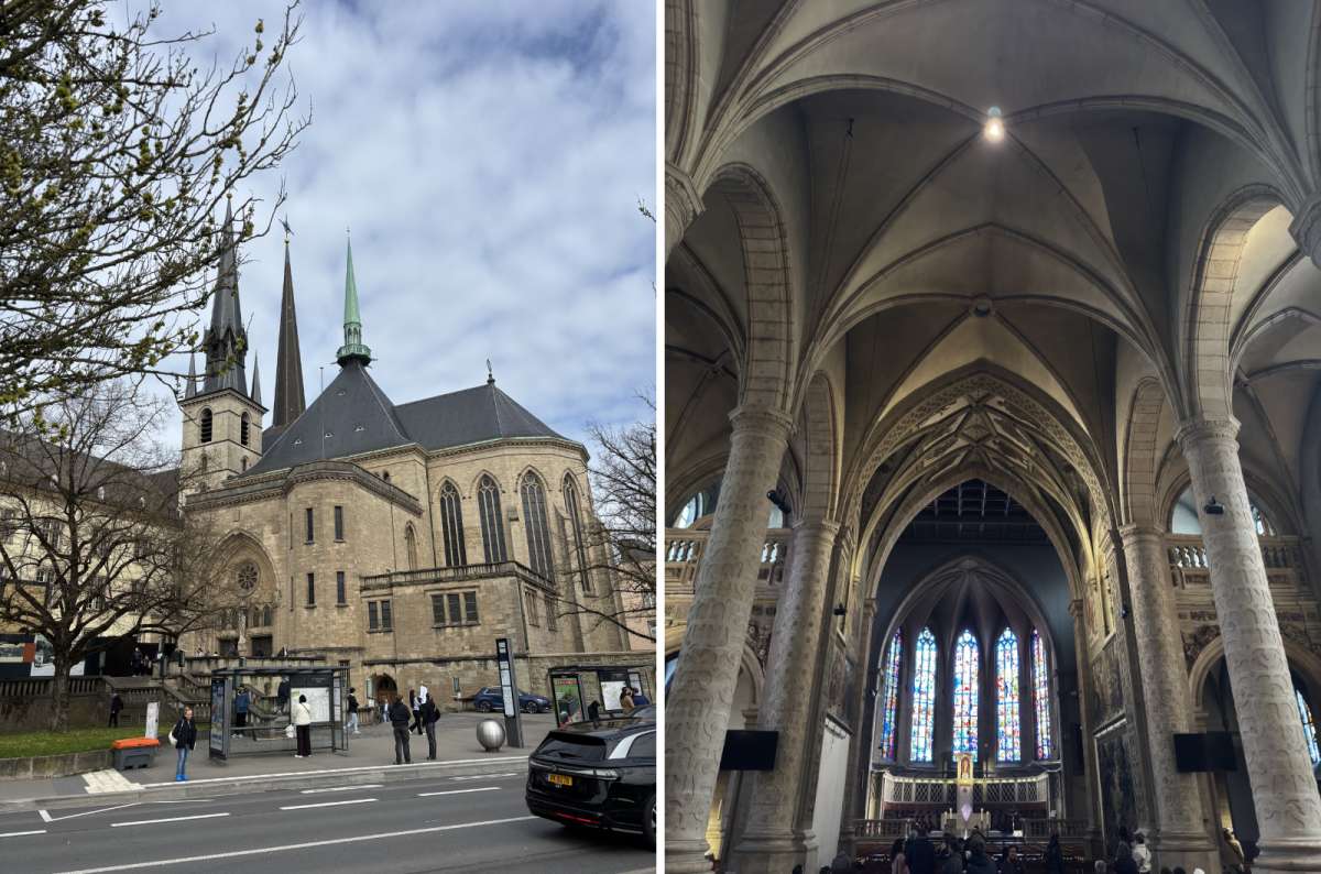 a collage of the Notre-Dame Cathedral exterior with cars driving by in the street and interior nave, Luxembourg, photo by Next Level of Travel