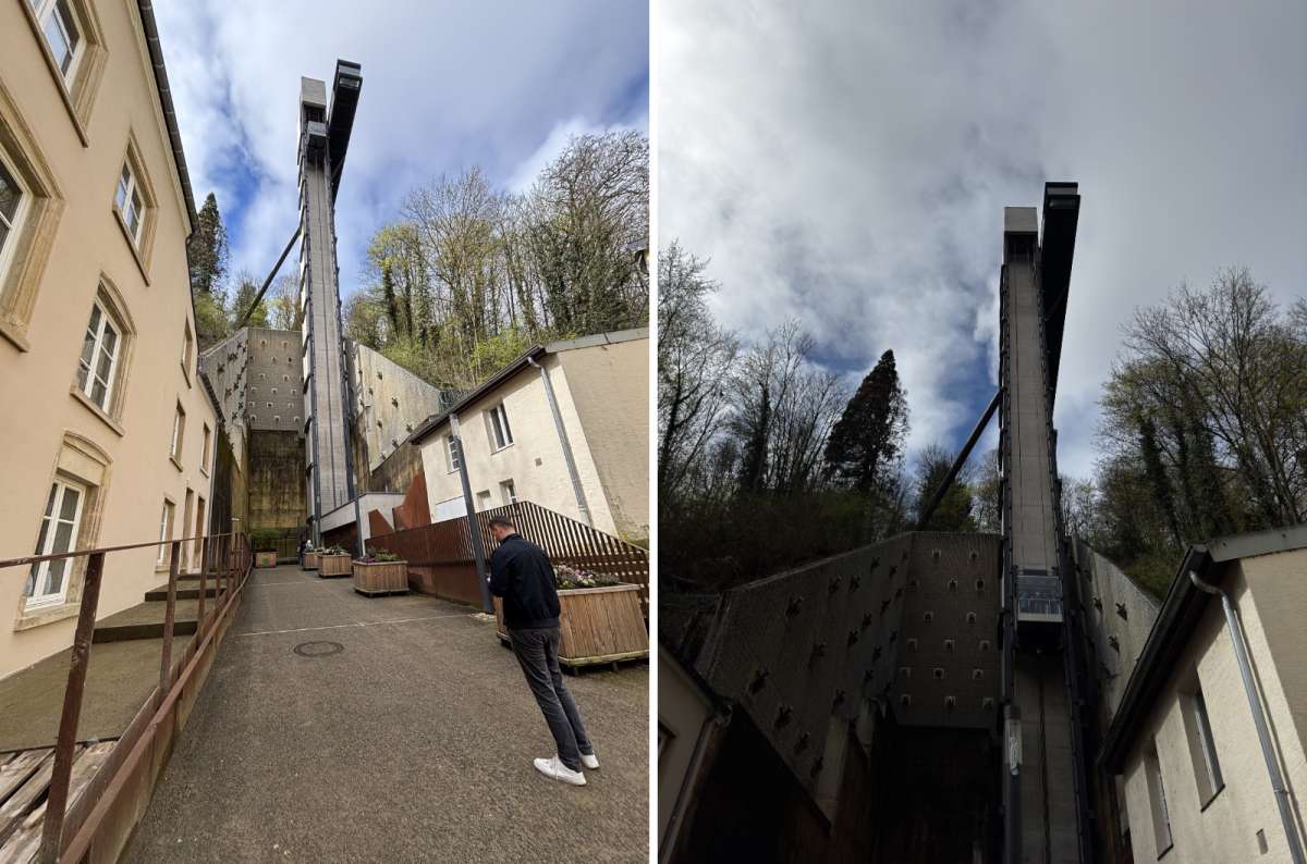 a collage of the Pfaffenthal elevator viewed from the valley floor with a tourist standing before the elevator, Luxembourg, photo by Next Level of Travel