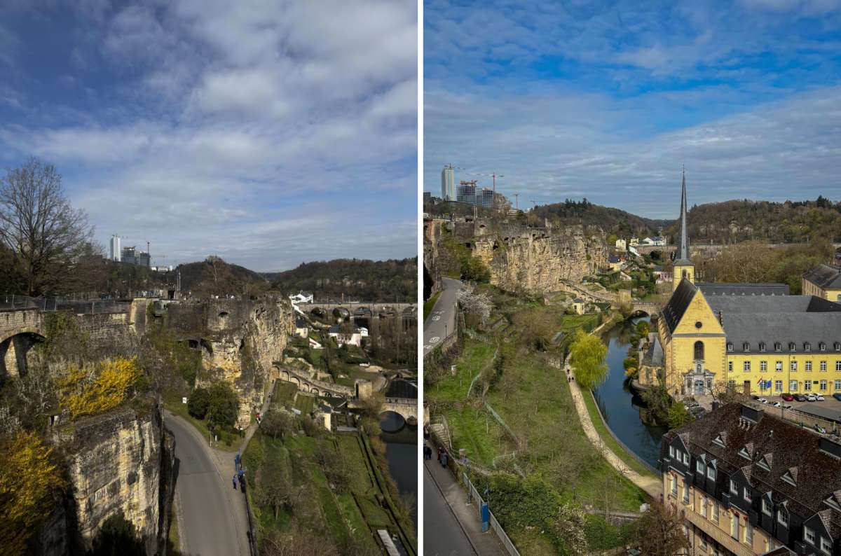a collage of views over the Alzette valley from the Corniche, showing the Bock and the Neumünster Abbey, Luxembourg, photo by Next Level of Travel