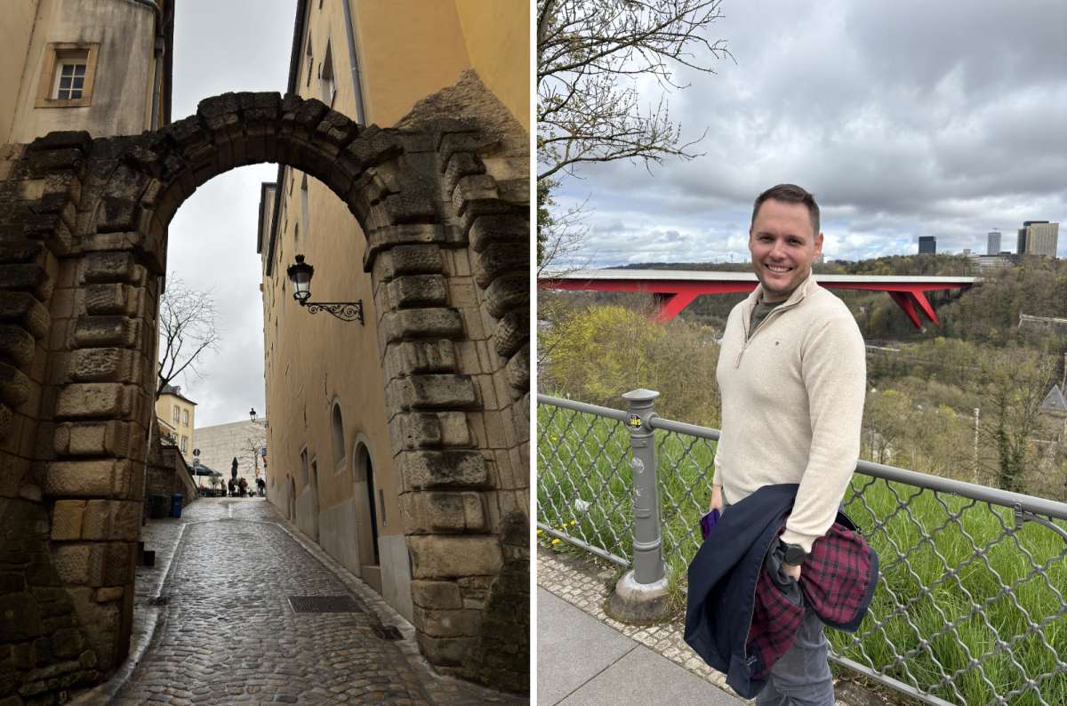 a diptych of the Porte du Grund archway and the Pont Rouge bridge viewpoint, Luxembourg, photo by Next Level of Travel