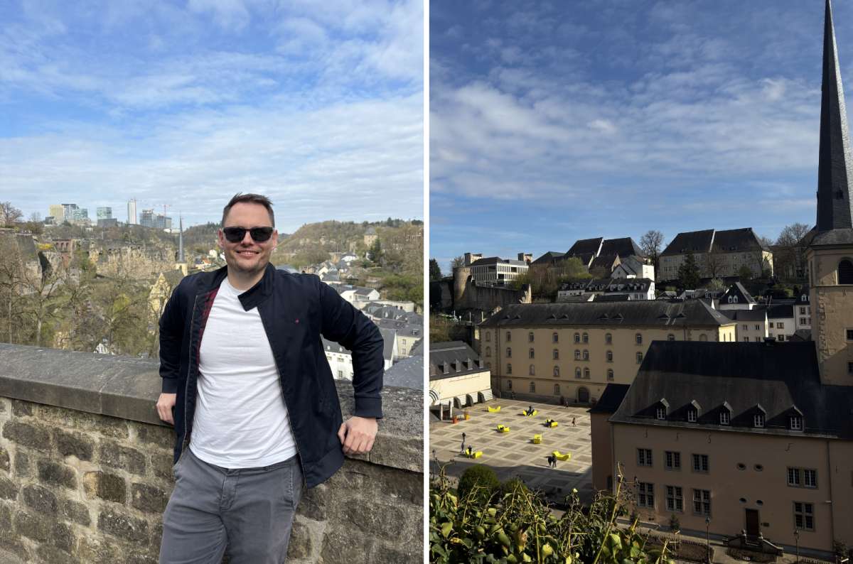 a tourist posing at the Corniche with the city levels visible in the background next to a photo of the Neumünster Abbey complex, Luxembourg, photo by Next Level of Travel