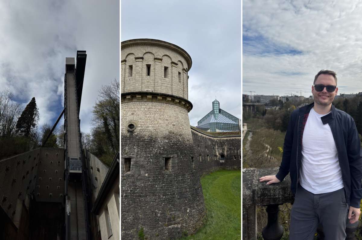 a triptych of the Pfaffenthal elevator, Dräi Eechelen with Mudam in the background, and the Corniche viewpoint, Luxembourg, photo by Next Level of Travel