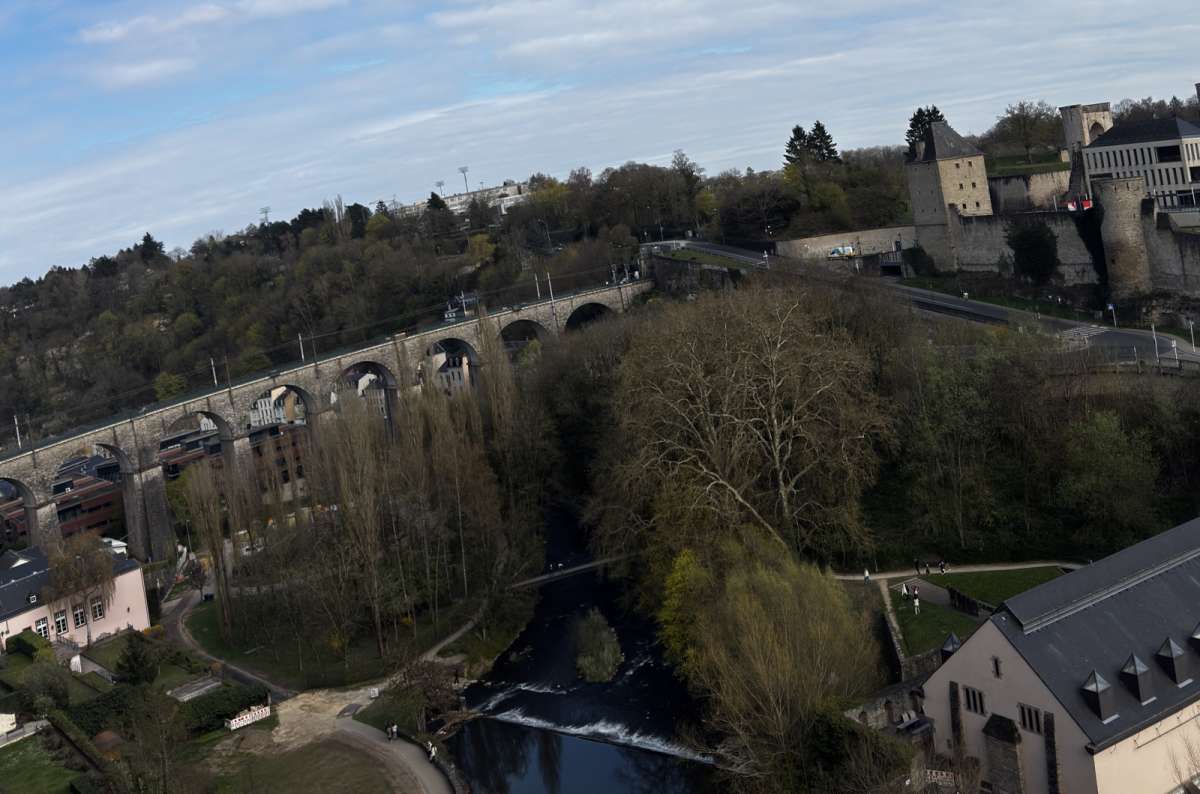 An aerial overview of the cliffs, fortifications and valley of the city, Luxembourg City, Luxembourg, photo by Next Level of Travel 