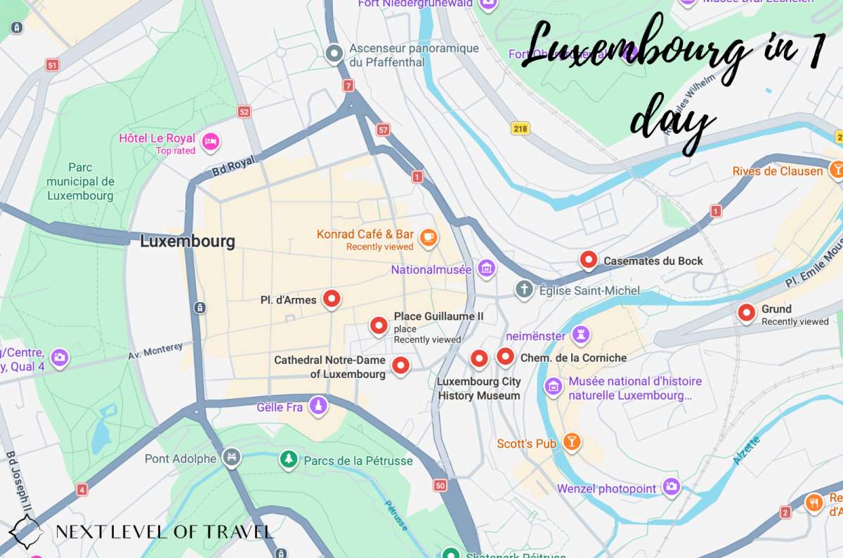 One-day itinerary map of Luxembourg City covering the Corniche, Bock, Grund and Alzette valley in the morning, the City History Museum midday, and Notre Dame, the squares, Luxembourg City, Luxembourg, map by Next Level of Travel