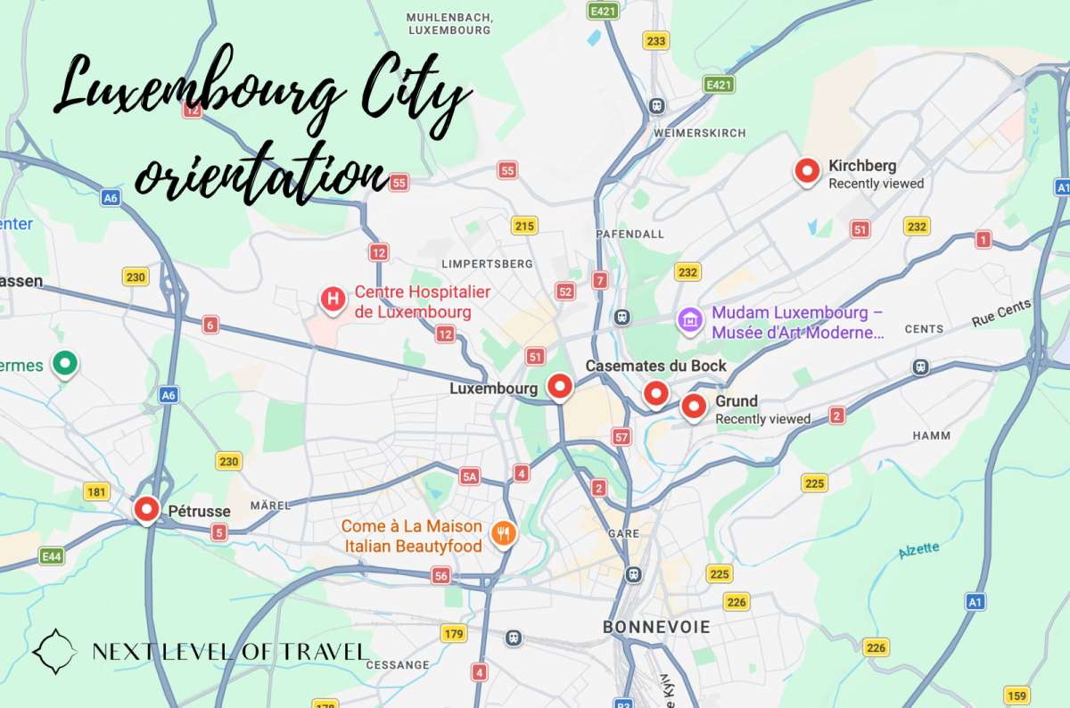 Orientation map of Luxembourg City showing the upper town, the Grund lower town, the Alzette and Pétrusse valleys, the Bock, and Kirchberg, Luxembourg City, Luxembourg, map by Next Level of Travel