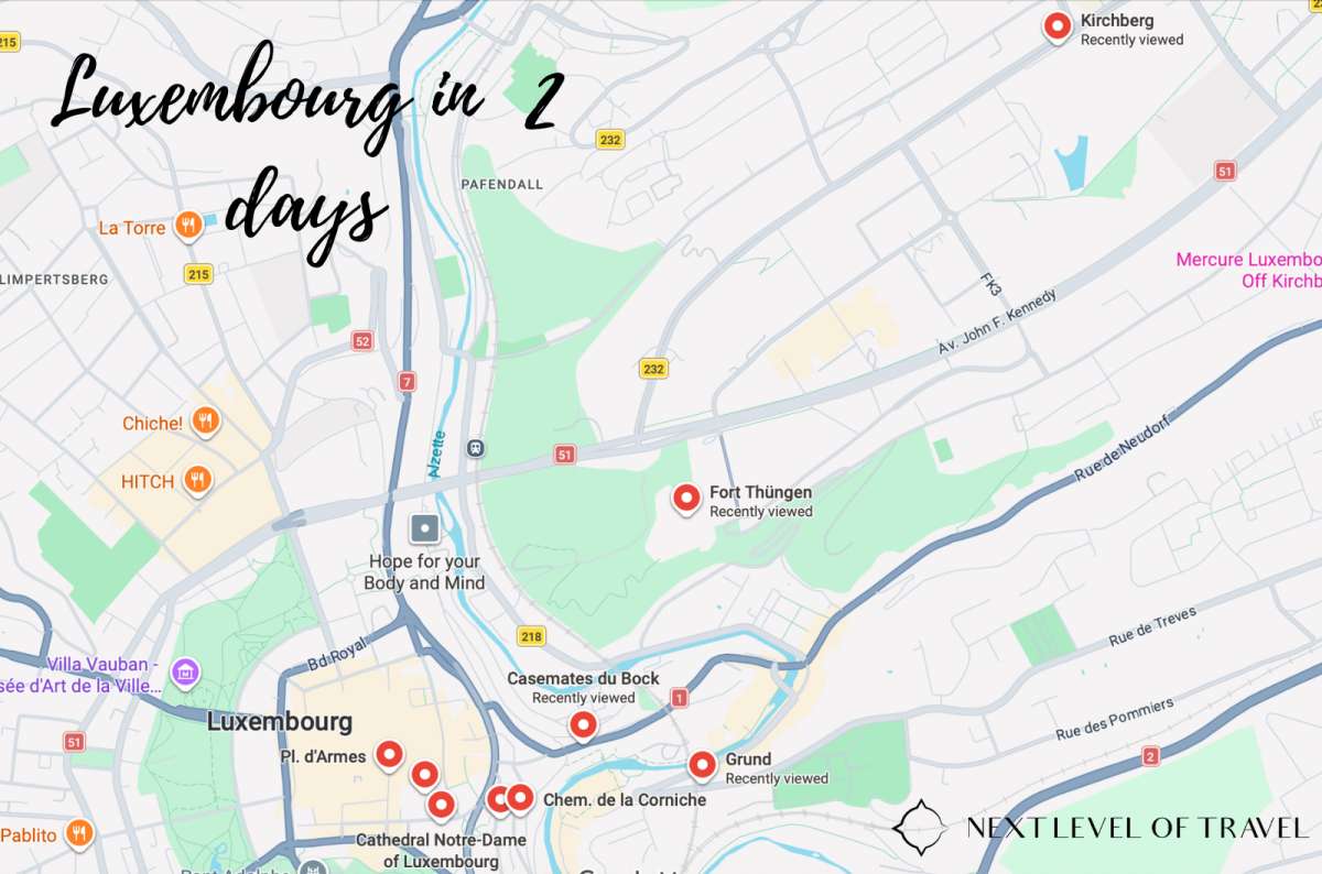 Two-day itinerary map of Luxembourg City with the Day 1 scenic route and the Day 2 fortress-and-Kirchberg loop, Luxembourg City, Luxembourg, map by Next Level of Travel