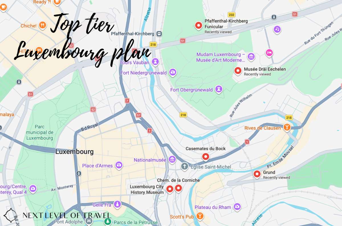 Walking-route map of Luxembourg City running from the Corniche through the Bock and Casemates to the City History Museum and a final viewpoint, Luxembourg City, Luxembourg, map by Next Level of Travel