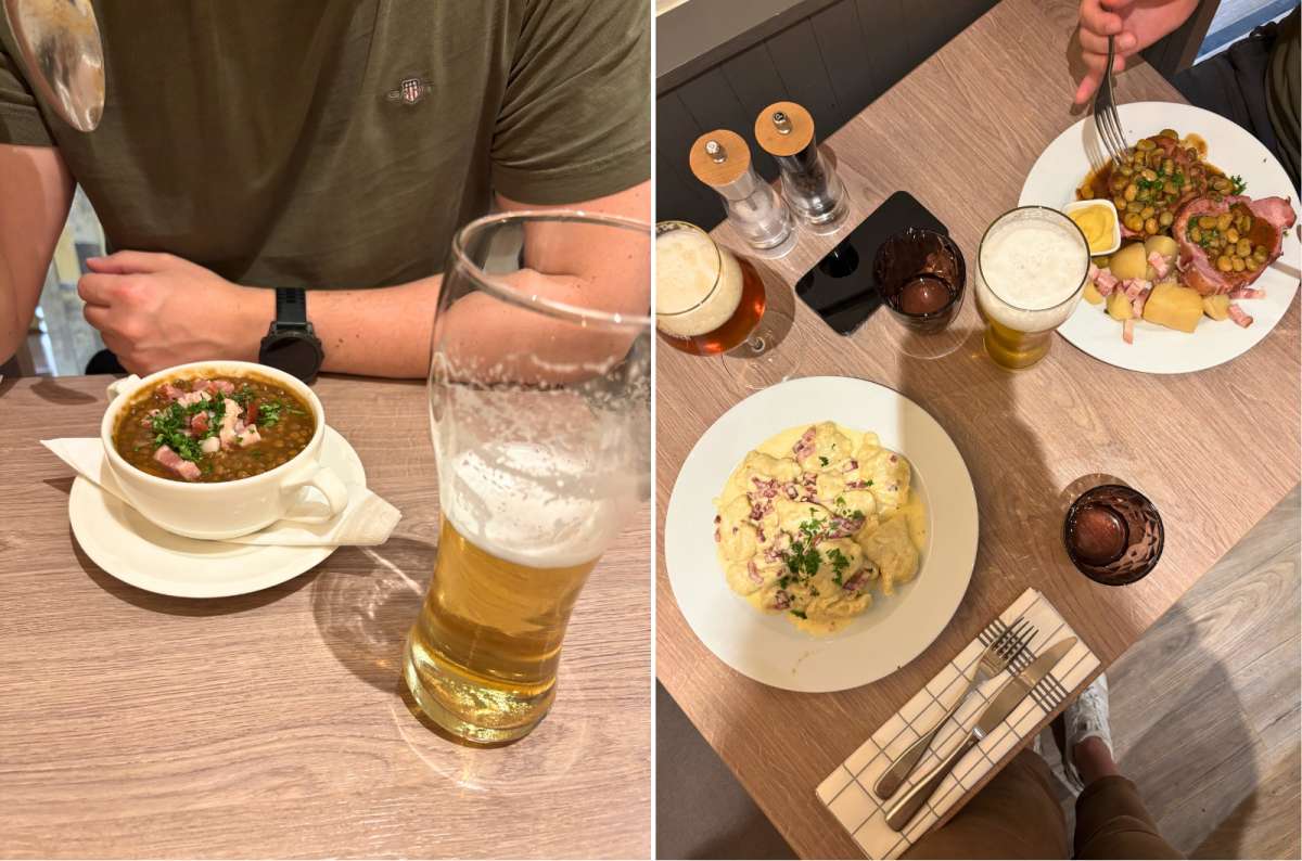 Traditional Luxembourg dishes served in a restaurant in Luxembourg City, Luxembourg, including Bouneschlupp soup, Judd mat Gaardebounen, and Kniddelen, photo by Next Level of Travel