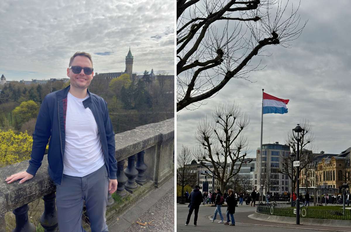 Visitor at the Corniche viewpoint and Luxembourg flag in Ville Haute, Luxembourg City, Luxembourg, photo by Next Level of Travel