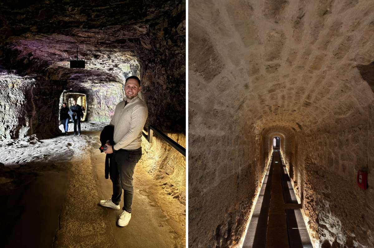 a collage of a tourist posing in the Bock Casemates with other tourists walking by in the background, next to the view of the narrow paths inside the system, Luxembourg, photo by Next Level of Travel