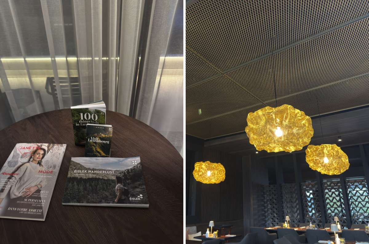 a collage of photos from the Anatura hotel showing the magazines in the waiting room and the decorated hotel lobby, Luxembourg, photo by Next Level of Travel