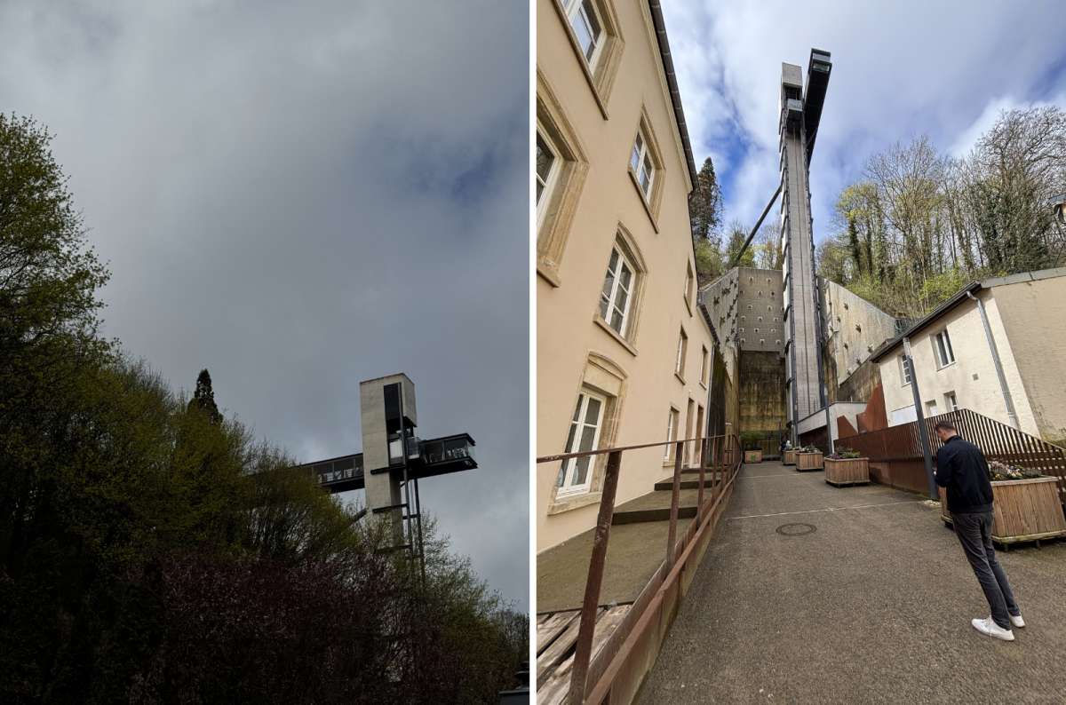 a collage of photos from the Pfaffenthal lift showing a tourist walking up to it, Luxembourg, photo by Next Level of Travel