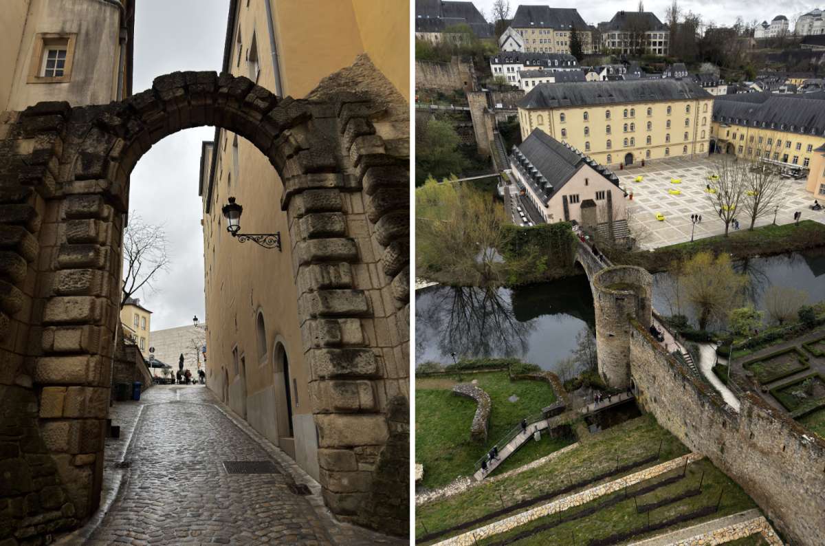 a collage of photos from the stroll around Grund, showing the typical architecture and Nuemünster Abbey complex on the right, Luxembourg, photo by Next Level of Travel