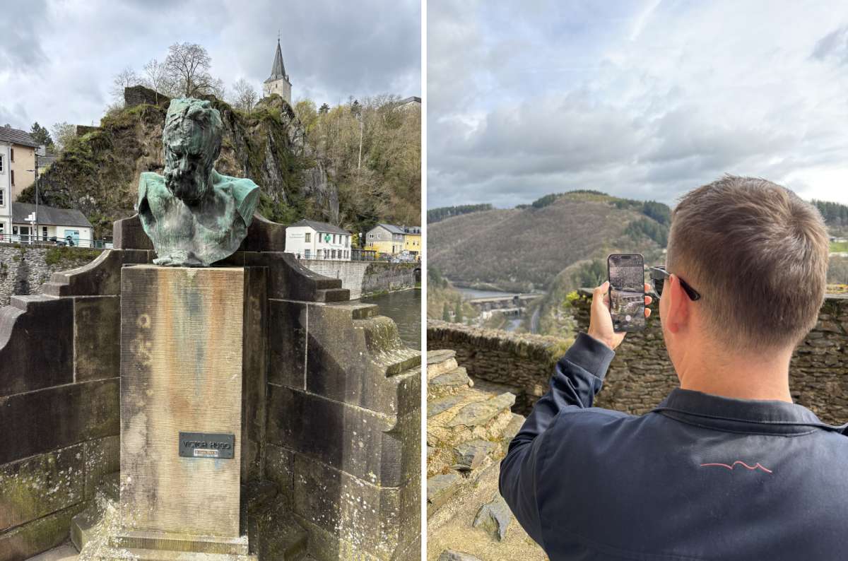 a collage of photos from Vianden tow, showing a bust of Victor Hugo and a tourist taking a picture of the river in the background, Luxembourg, photo by Next Level of Travel