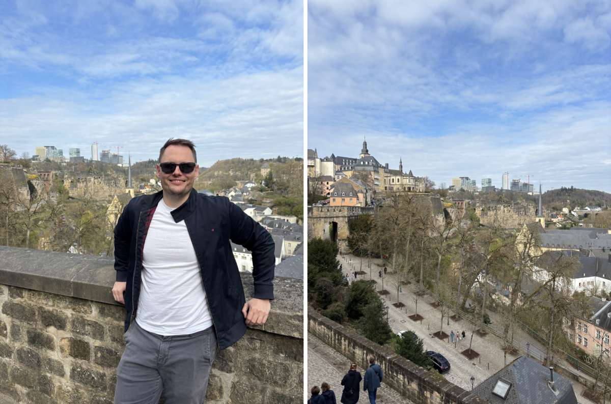 a collage of photos of a tourist posing above the Alzette Valley, Luxembourg, photo by Next Level of Travel
