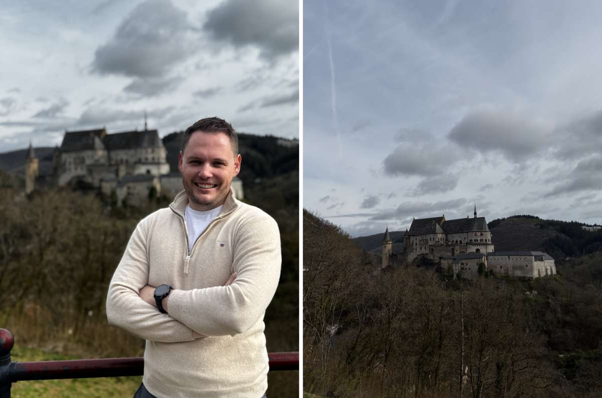 a collage of photos of a tourist posing at a viewpoint with the Vianden Castle visible in the background, Luxembourg, photo by Next Level of Travel