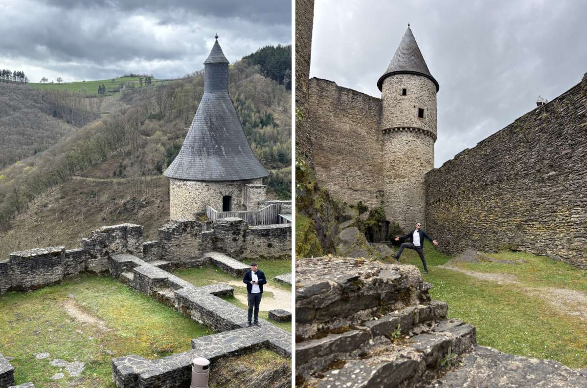 a collage of photos of a tourist posing in the Bourscheid Castle courtyard, with the forest landscape visible in the background, Luxembourg, photo by Next Level of Travel