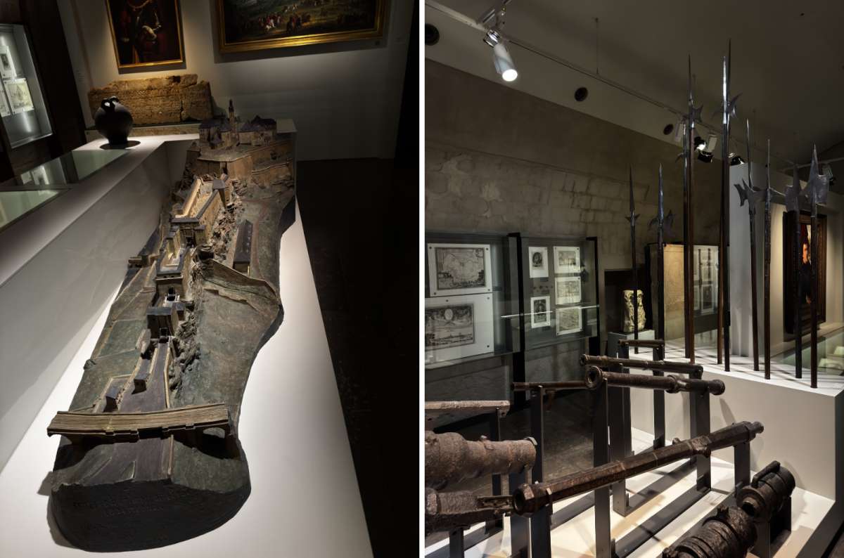 a collage of the exhibition in the National Museum showing the models of the city and historic instruments, Luxembourg, photo by Next Level of Travel