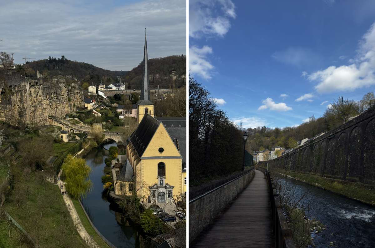 a collage of the view of the Alzette valley with the river and Neumünster Abbey, next to the path along the river, showing the walls that once served to protect the city, Luxembourg, photo by Next Level of Travel